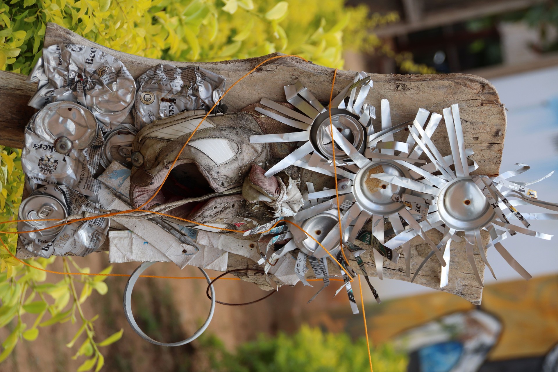 Creative Waste Sign at a garbage can, Espace Culturel Kékéli, Kpalimé, Togo, West Africa.